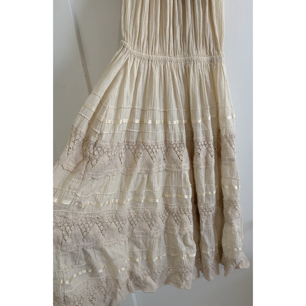 Vtg 70s Mexican Wedding Dress Off Shoulder Gauze Lace Tiered Peasant Boho XS SM - Picture 2 of 11